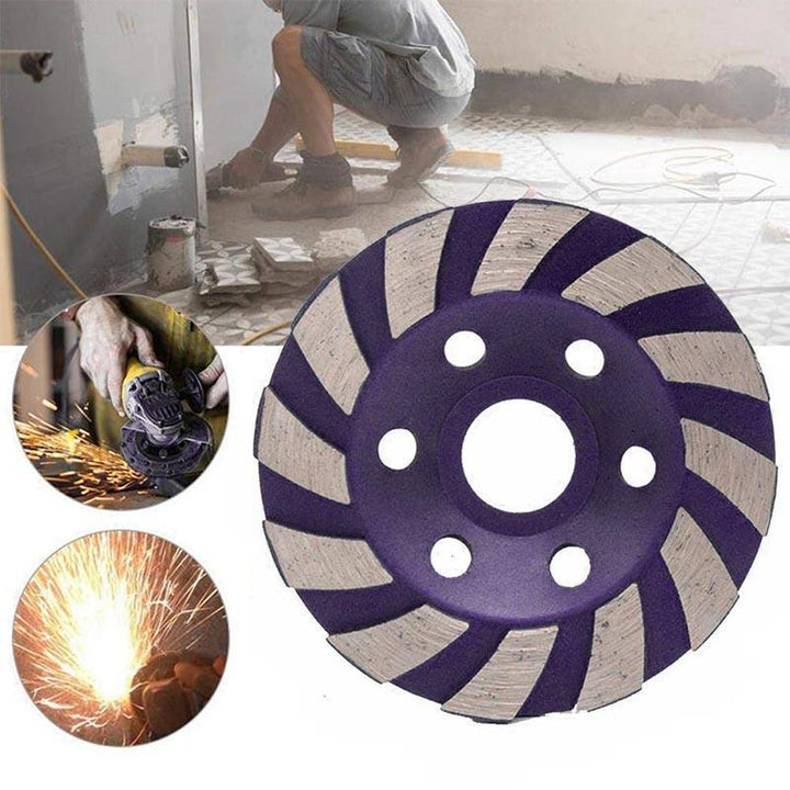 "Rund diamantsegmentslipskiva med 12 spiralformade segment, 100 mm i diameter, lämplig för slipning av betong och sten."