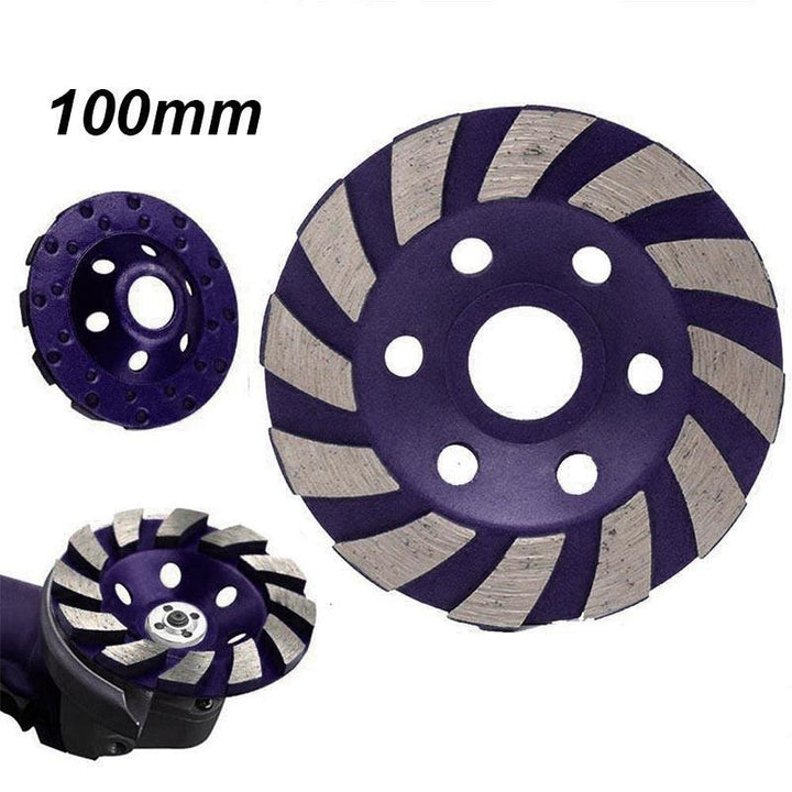 "Rund diamantsegmentslipskiva med 12 spiralformade segment, 100 mm i diameter, lämplig för slipning av betong och sten."