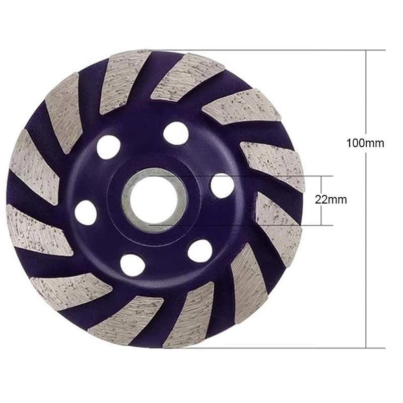"Rund diamantsegmentslipskiva med 12 spiralformade segment, 100 mm i diameter, lämplig för slipning av betong och sten."