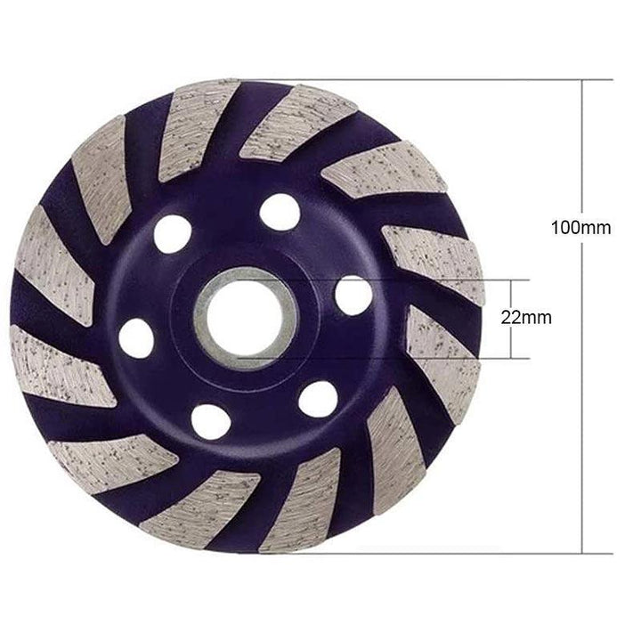 "Rund diamantsegmentslipskiva med 12 spiralformade segment, 100 mm i diameter, lämplig för slipning av betong och sten."