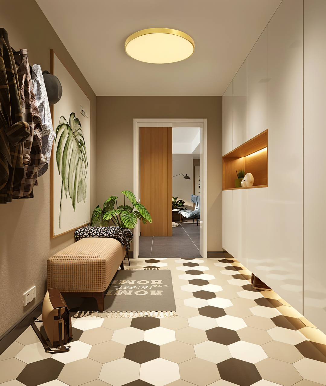 Rund LED taklampa, elegant och modern design, perfekt för heminredning i vardagsrum och sovrum.