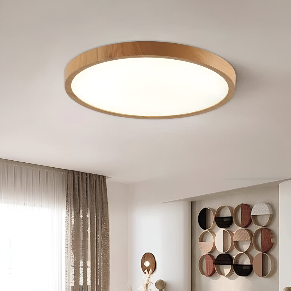 Rund taklampa modern design, valnötsfinish & trädetaljer. Stilren LED-belysning för hemmet.