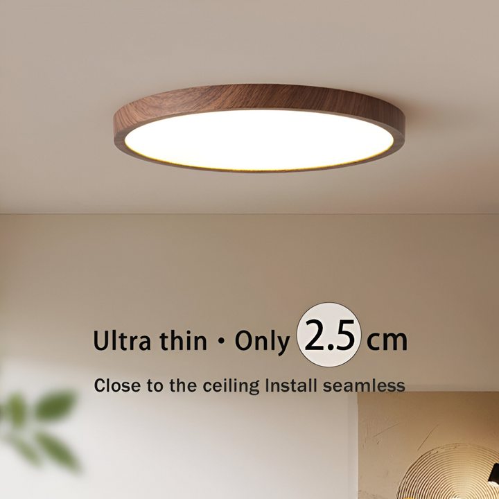 Inomhusbelysning: modern rund taklampa. Justerbar LED-ljusfärg & vackra trädetaljer. Energieffektiv.