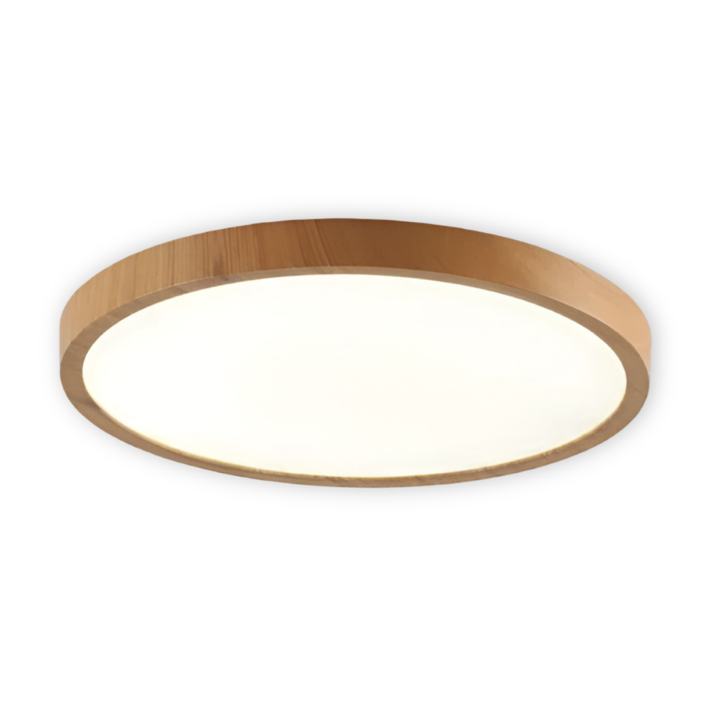 Energieffektiv taklampa, rund med eleganta trädetaljer. Modern LED-belysning för ditt stilrena hem.
