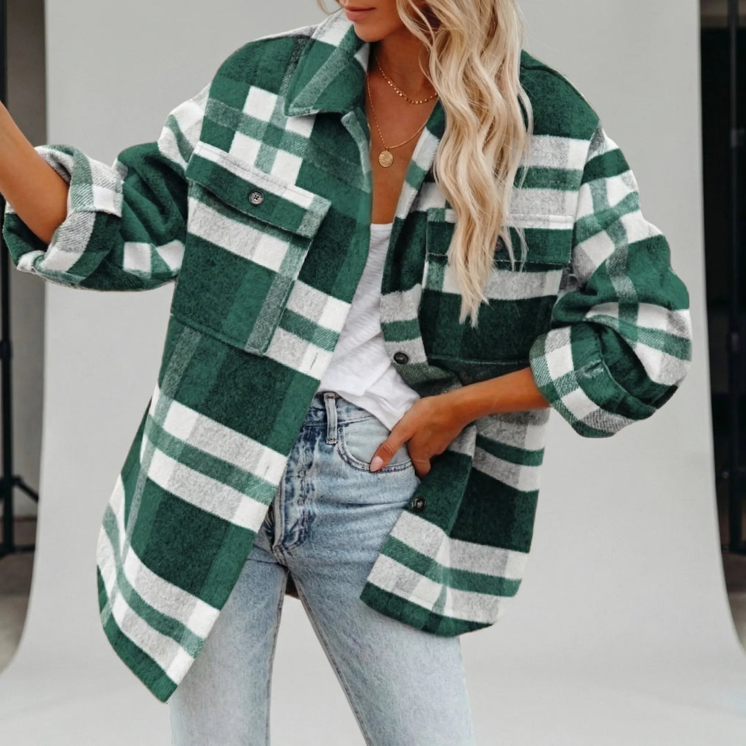 Casual rutig dam skjortjacka, höftlång lös passform. Stilren övertröja för vår- och höstoutfits.