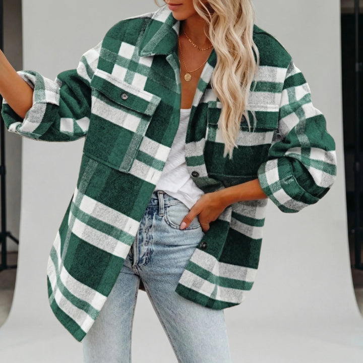 Casual rutig dam skjortjacka, höftlång lös passform. Stilren övertröja för vår- och höstoutfits.