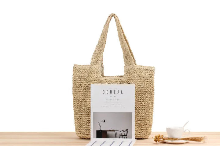 Stilren damväska, stor beige toteväska perfekt som sommar- eller strandväska.