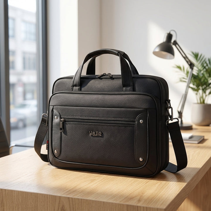 Rymlig urban canvas laptopväska för säker förvaring av dator och dokument. Modern design, skyddande material.