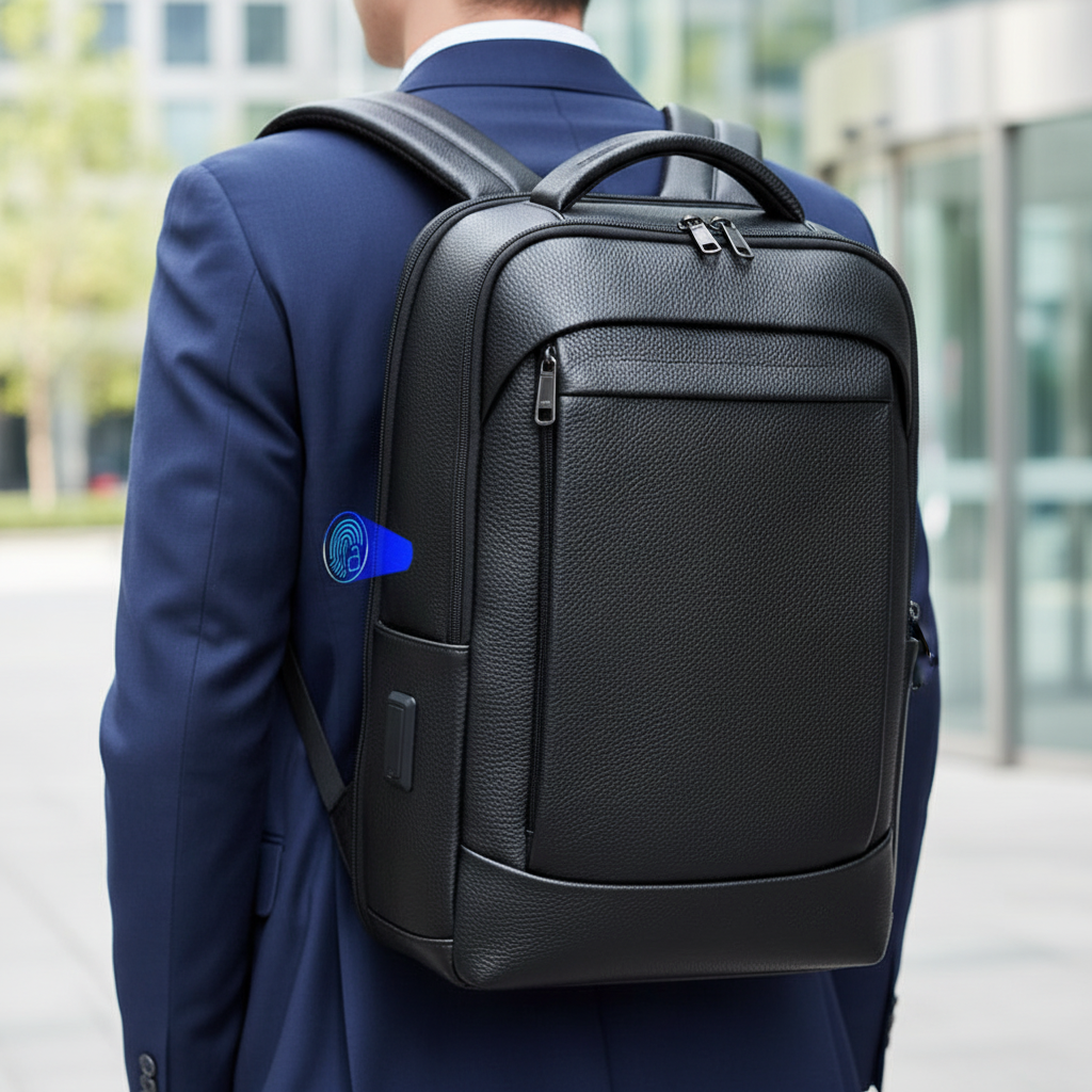Säker ryggsäck med biometriskt lås, stort laptopfack & vattentålig design. Perfekt för resor & pendling.