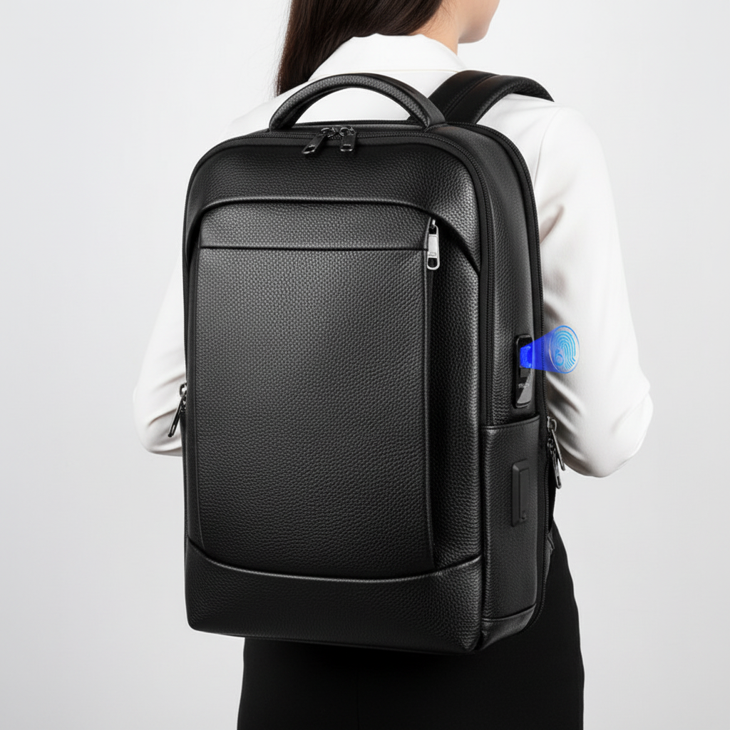 Organiserad SecurePack ryggsäck med biometriskt lås, stor kapacitet & dedikerat laptopfack för affärsresenärer.