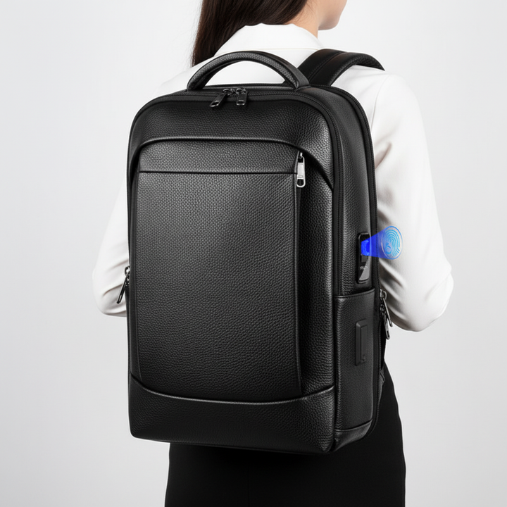 Organiserad SecurePack ryggsäck med biometriskt lås, stor kapacitet & dedikerat laptopfack för affärsresenärer.