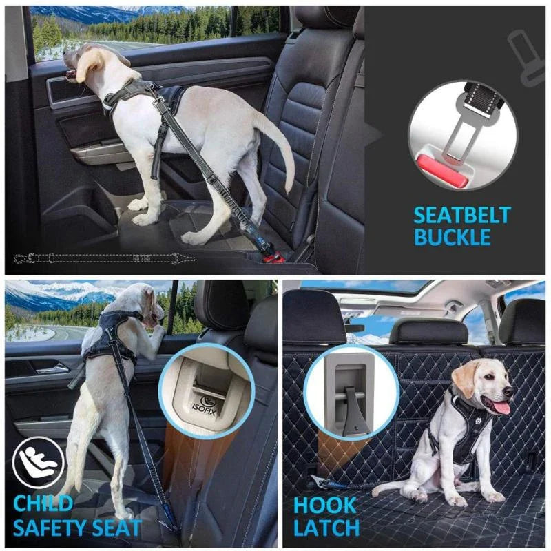 Universellt säkerhetsbälte för husdjur, svart och justerbart. Passar de flesta bilmodeller för trygg hundtransport.