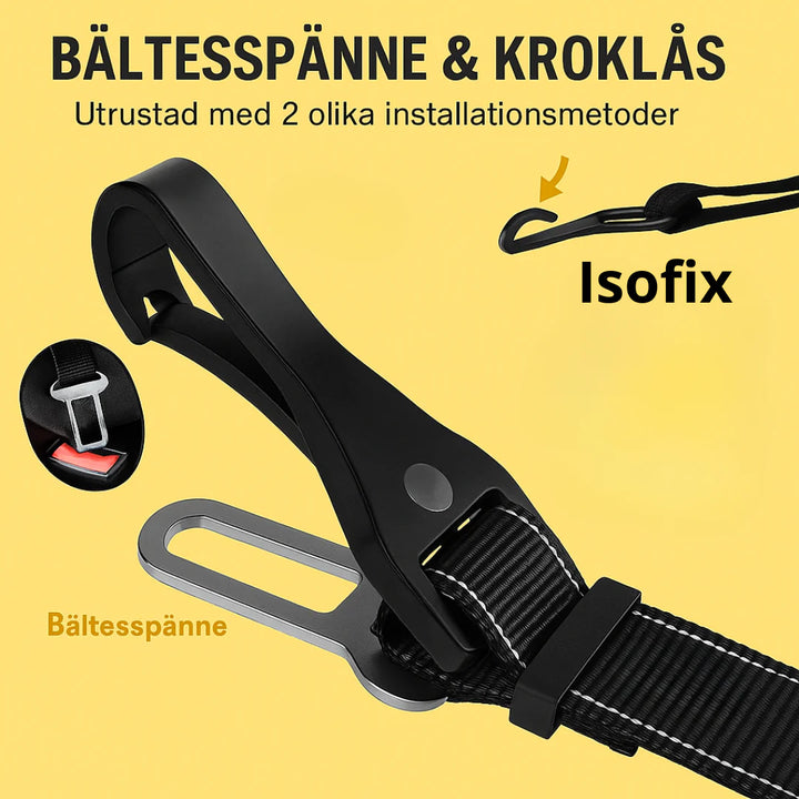 Detaljbild av säkerhetsbältets karbinhake och bilbältesspänne. Justerbart för trygg hund i bil.