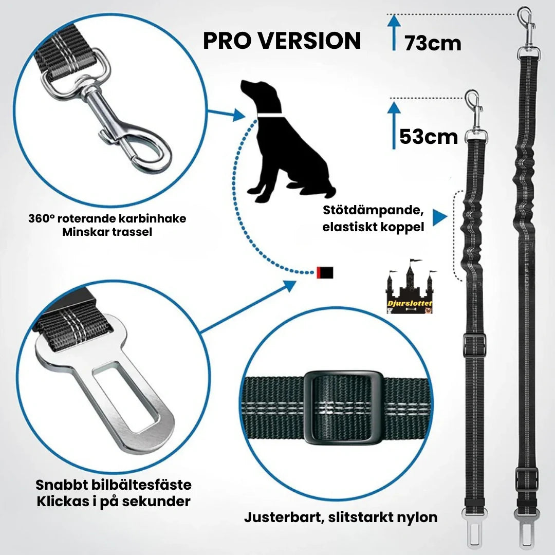 Bild visar hur enkelt säkerhetsbältet för husdjur fästs i bilen för omedelbar säkerhet.