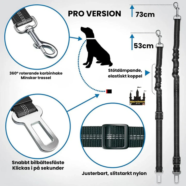 Bild visar hur enkelt säkerhetsbältet för husdjur fästs i bilen för omedelbar säkerhet.