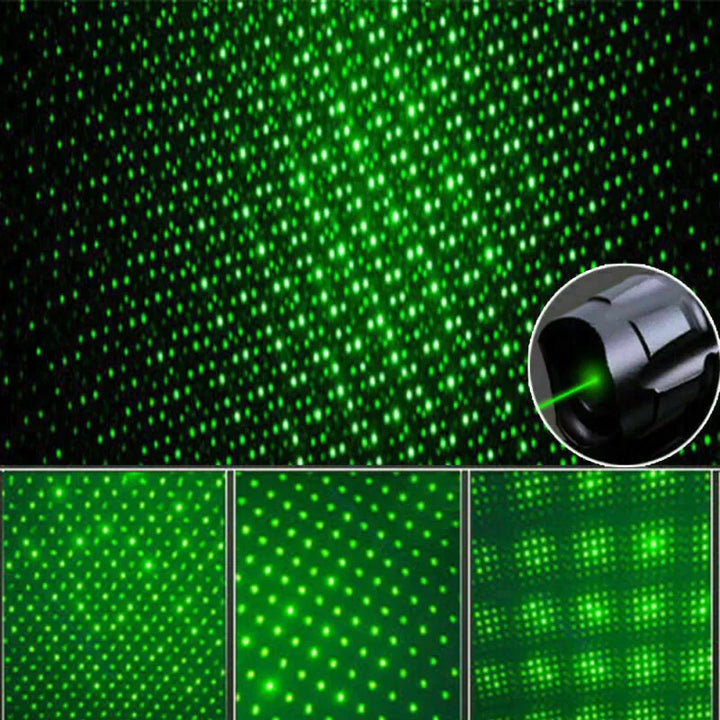 Lång räckvidd på grön laserpekare som visar tydlig ljusstråle i mörker