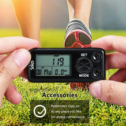 Svart och vit pedometer med 30 dagars minne för träningsmål