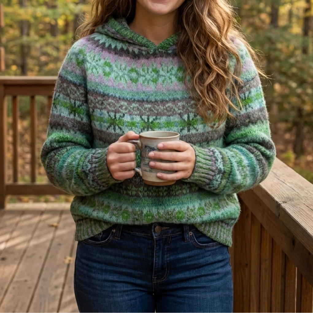 Kvinna i skogen som bär grön vintage jacka med huva och håller i en kopp