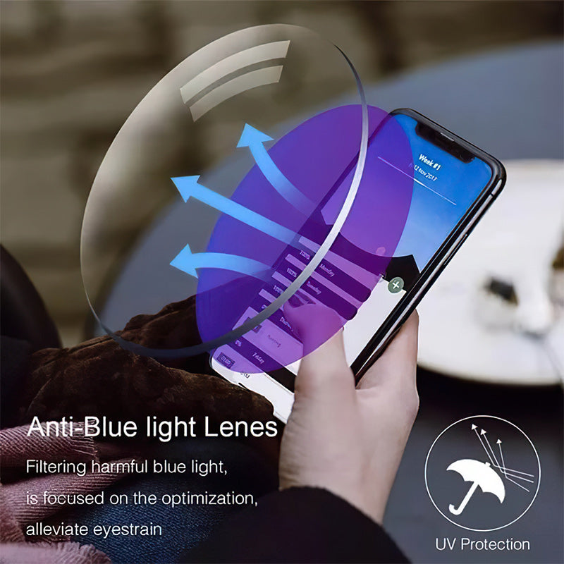 Multifokala läsglasögon, unisex, med blåljusfilter för åldersanpassad synkorrigering. SapphireView modell.
