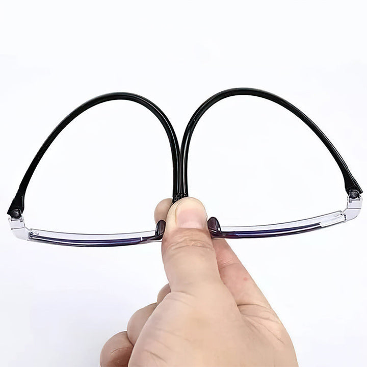 Stiliga lila multifokala glasögon med blåljusfilter. Unisex ögonskydd & flexibla bågar för läsning.