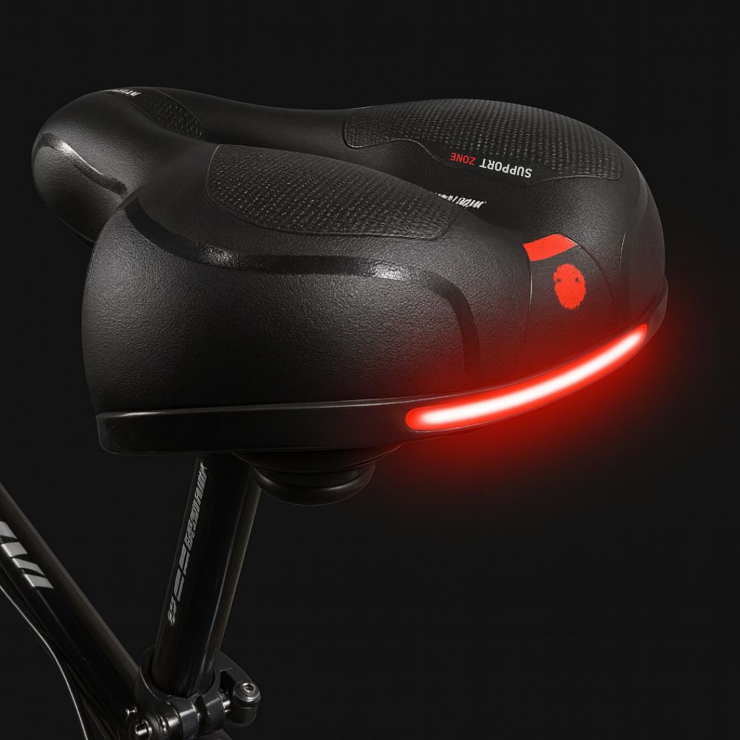 Cykelsadel med röd reflexbelysning monterad på cykel