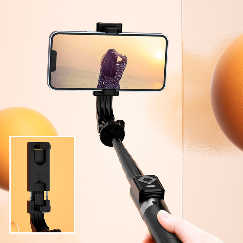 "Selfiepinne med dimbart LED-ljus och Bluetooth-fjärrkontroll, svart och vit, kompakt och bärbar, perfekt för nattbilder."