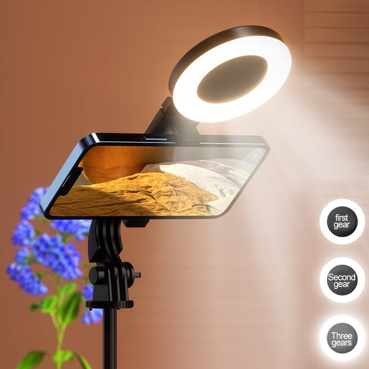 "Selfiepinne med dimbart LED-ljus och Bluetooth-fjärrkontroll, svart och vit, kompakt och bärbar, perfekt för nattbilder."