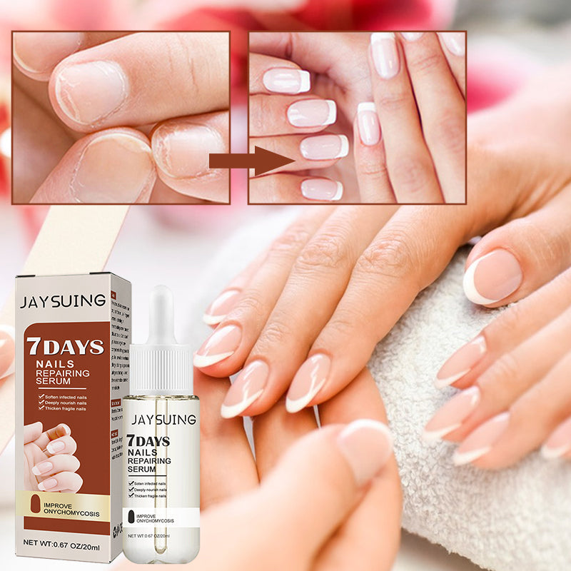 Serumflaska för nageltillväxt på vit bakgrund, snabb effekt 7 dagar, för starkare och längre naglar i 20ml förpackning.