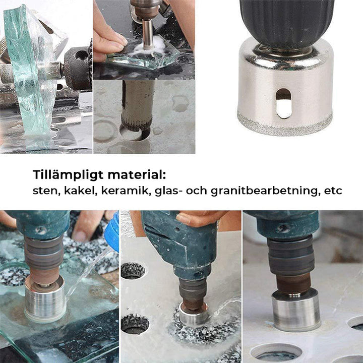 "Set med 10 diamantborr för hårda material, stålbaserade, olika storlekar för exakt borrning i glas och sten."
