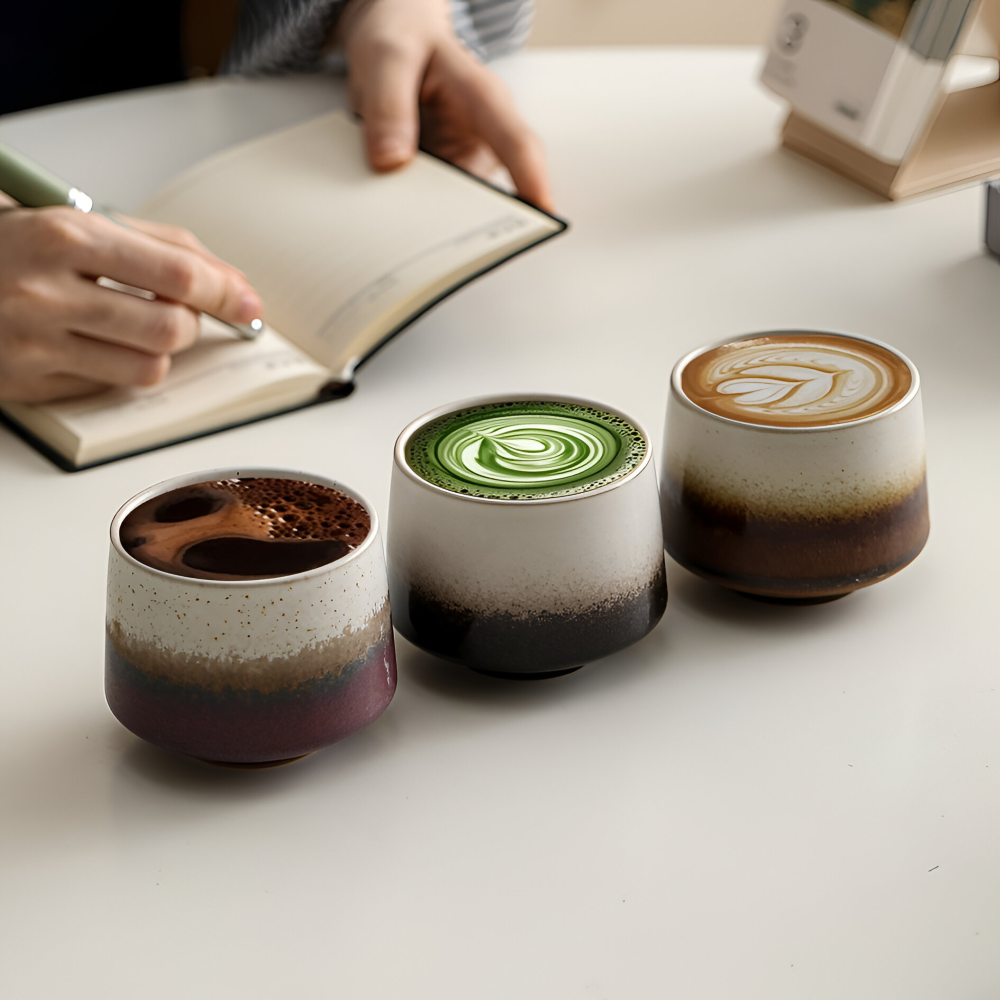 Fyra matta keramiska muggar i set, 200 ml. Idealisk för kaffe, espresso och modern köksinredning.