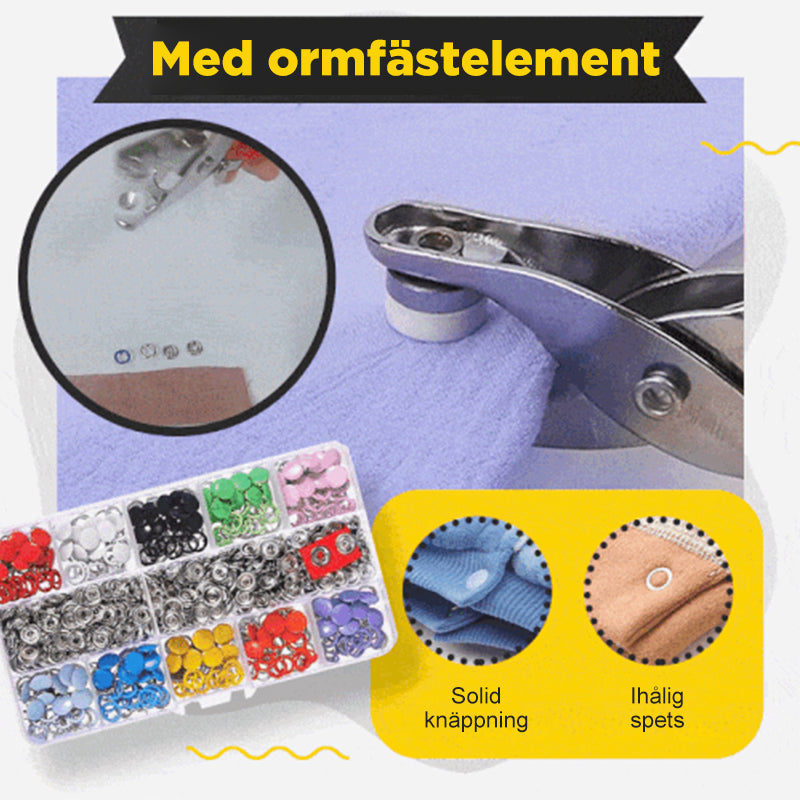 Set med färgglada metall snäppknappar i olika nyanser, idealiska för syprojekt och reparation av kläder och accessoarer.