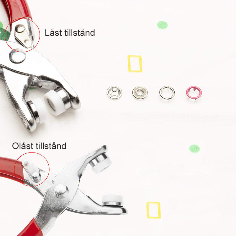 Set med färgglada metall snäppknappar i olika nyanser, idealiska för syprojekt och reparation av kläder och accessoarer.