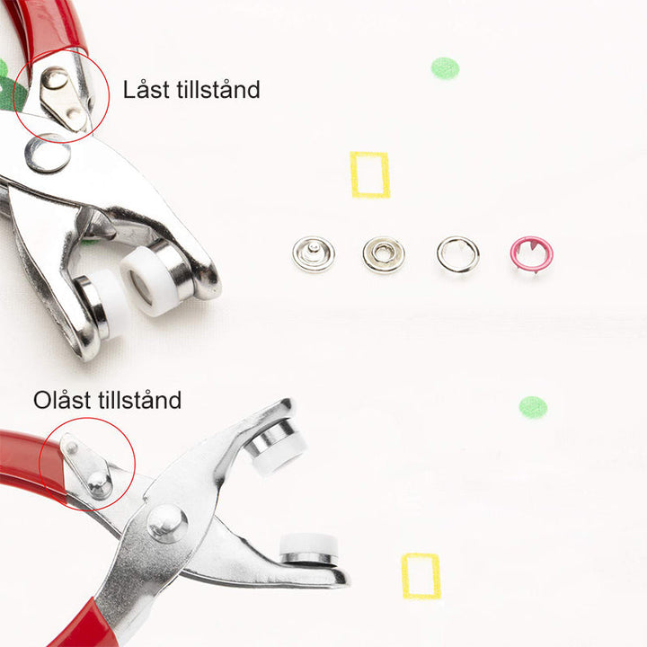 Set med färgglada metall snäppknappar i olika nyanser, idealiska för syprojekt och reparation av kläder och accessoarer.