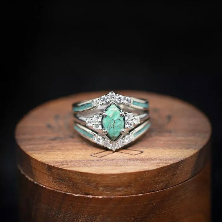 "Set med turkos diamantringar för kvinnor, justerbar storlek, silver och guld ton, geometrisk form, 3 delar."