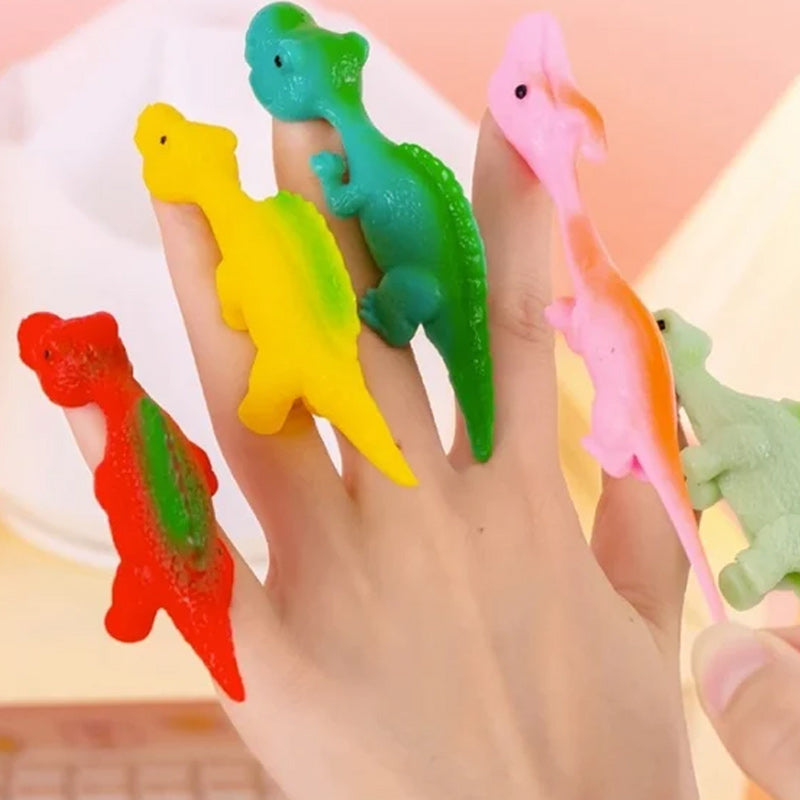 "Set om 10 fingerleksaker med dinosaurieslungor i färgglada mönster, perfekt för barn att leka och lära sig om dinosaurier."