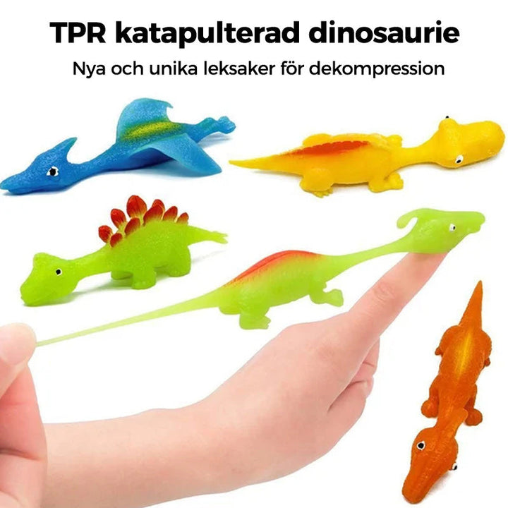 "Set om 10 fingerleksaker med dinosaurieslungor i färgglada mönster, perfekt för barn att leka och lära sig om dinosaurier."