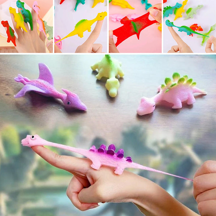 "Set om 10 fingerleksaker med dinosaurieslungor i färgglada mönster, perfekt för barn att leka och lära sig om dinosaurier."
