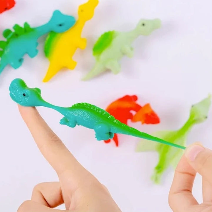"Set om 10 fingerleksaker med dinosaurieslungor i färgglada mönster, perfekt för barn att leka och lära sig om dinosaurier."