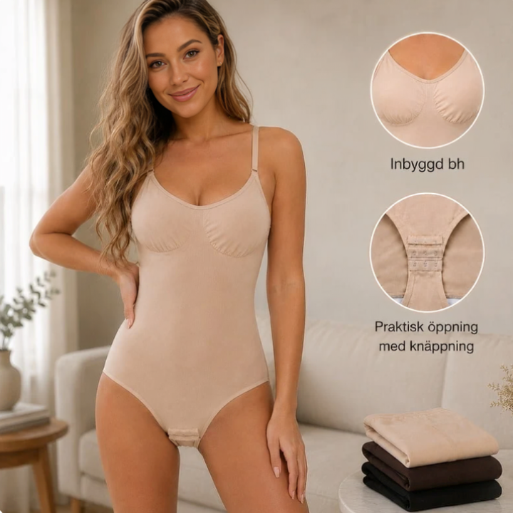 Kvinna i beige shaping body med infällda närbilder på inbyggd bh och öppning
