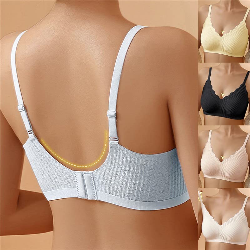 Kvinna bär en Sienna bygellös komfortbehå. Mjuk bralette som ger naturligt stöd och bekväm känsla hela dagen.
