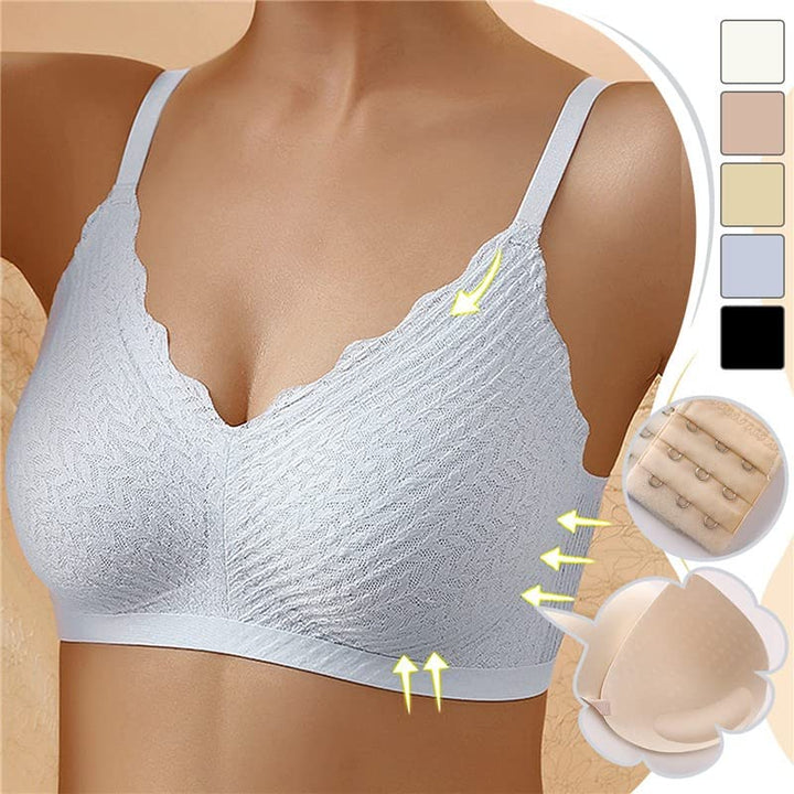Närbild på det mjuka tyget av en Sienna bygellös bralette. Andningsbar och bekväm damunderkläder med lätt stöd.