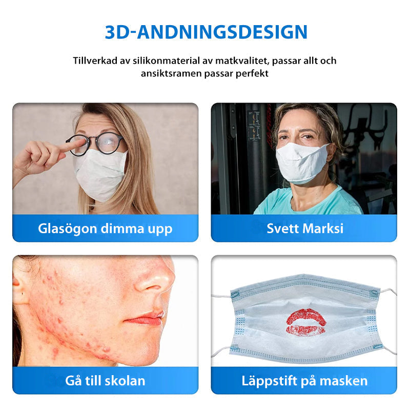 Silikonmaskhållare med 3D-design, mjuk silikon, ökat andningsutrymme, återanvändbar, bekväm för daglig användning.