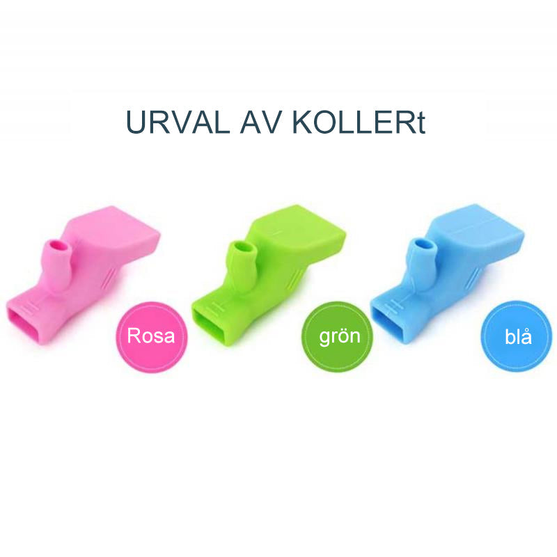 "Silikon kranförlängare i blå, rosa, grön; flexibel & hygienisk, passar de flesta kranar; perfekt till badrummet."