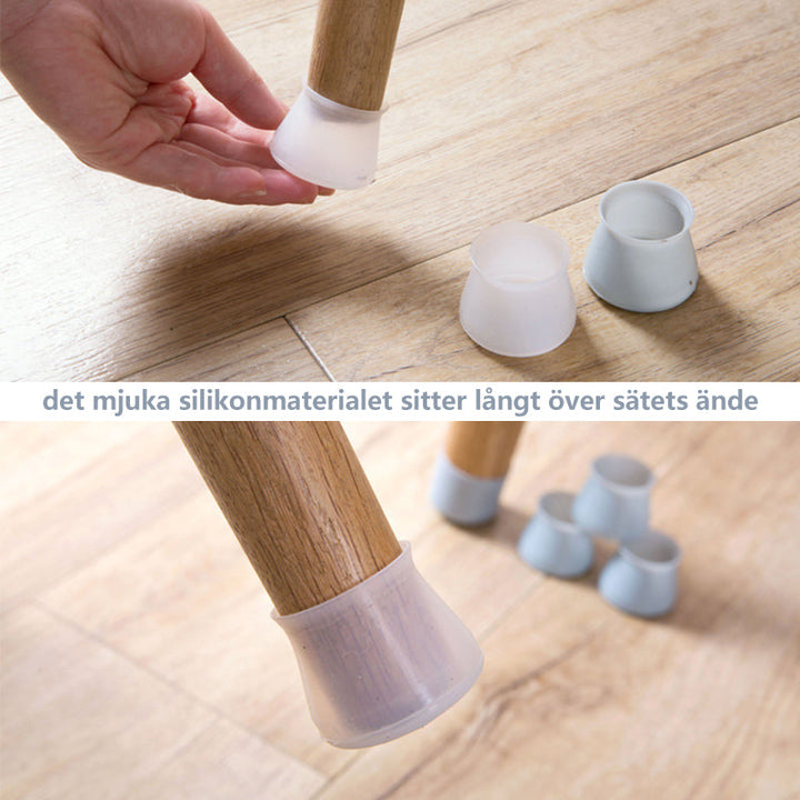 "Silikon möbeltassar för stolar, transparenta, halkskydd, golvskydd, förhindrar repor, diskret och flexibel design."