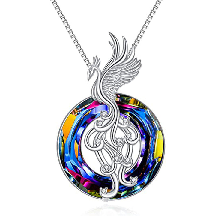 "Silver Flygande Phoenix Halsband med kristall, elegant unisexdesign. Symbol för återfödelse med glittrande kristall."