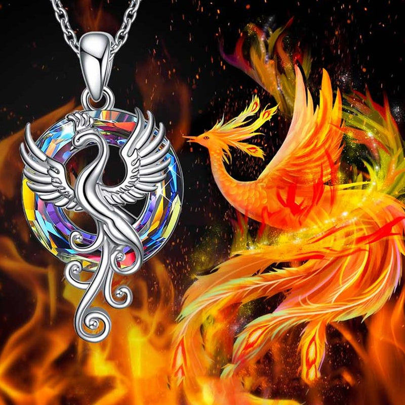 "Silver Flygande Phoenix Halsband med kristall, elegant unisexdesign. Symbol för återfödelse med glittrande kristall."