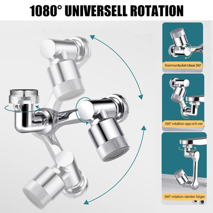 "Silverfärgat roterande kökshandfat kranmunstycke med 1080° rotation och dubbla vattenspraylägen, modern design."
