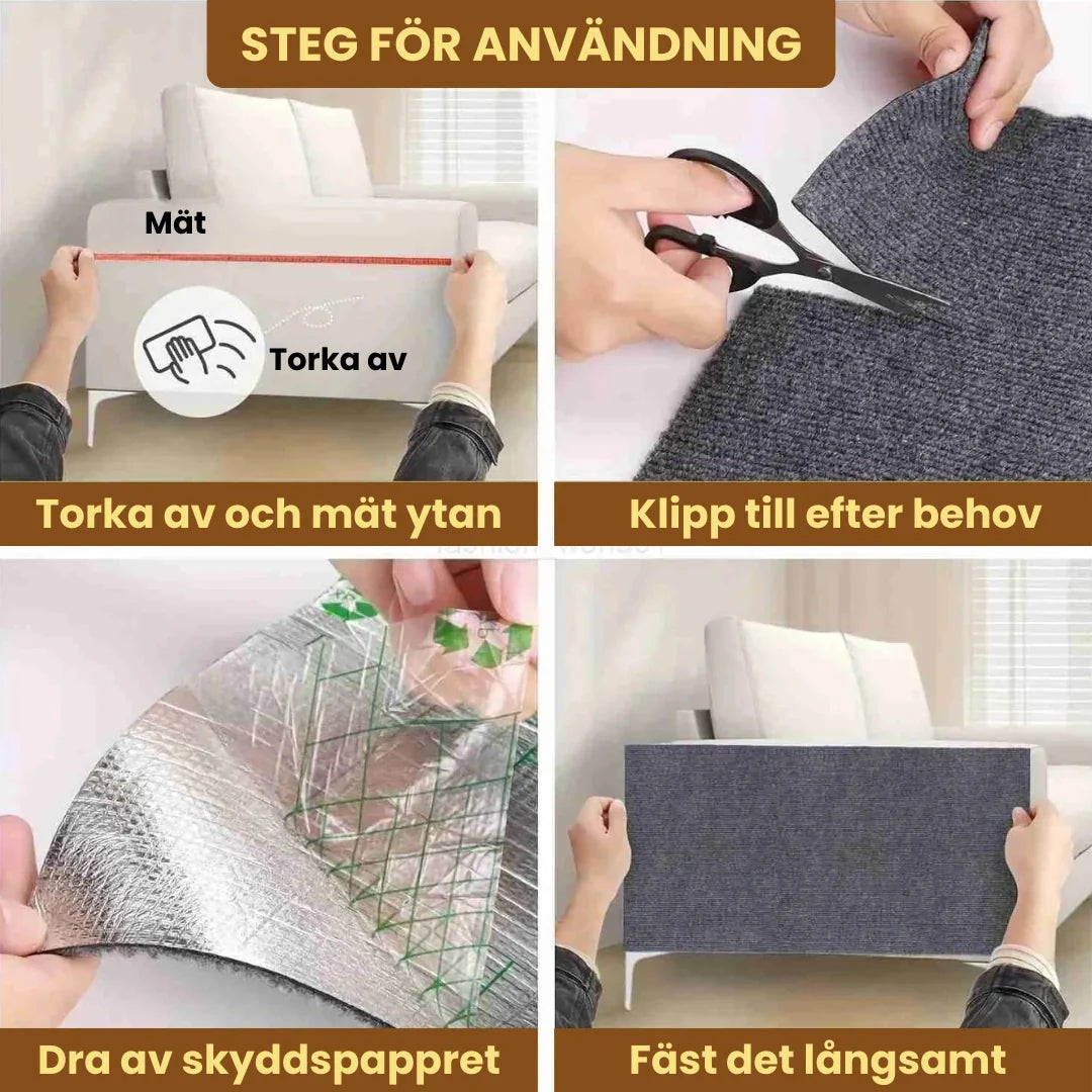 Katt använder självhäftande klösskydd på soffhörn. Ett praktiskt kattillbehör för att rädda möbler.