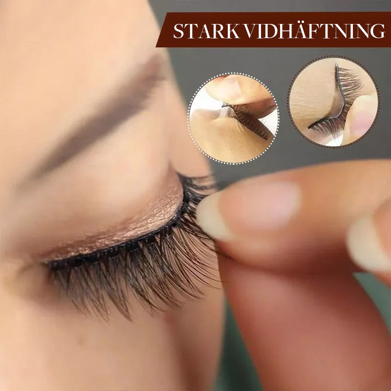 "Självhäftande återanvändbara ögonfransar i närbild, visar elastisk remsa och elegant form, ideal för daglig makeup."