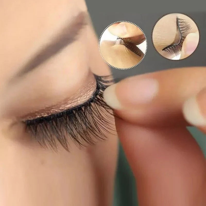 "Självhäftande återanvändbara ögonfransar i närbild, visar elastisk remsa och elegant form, ideal för daglig makeup."